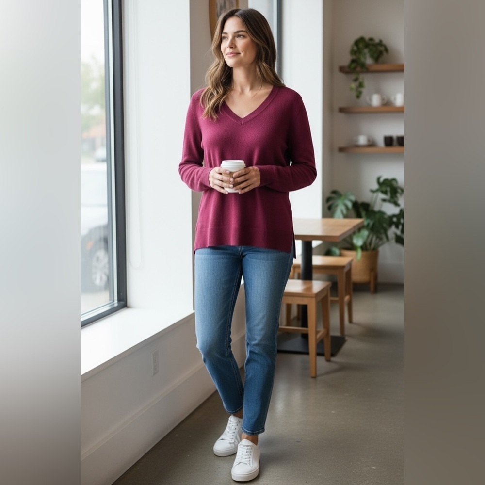 Katherine Barclay Extra Fine Merino Wool V-Neck Sweater - SIZE S‎ - EUC - PINK